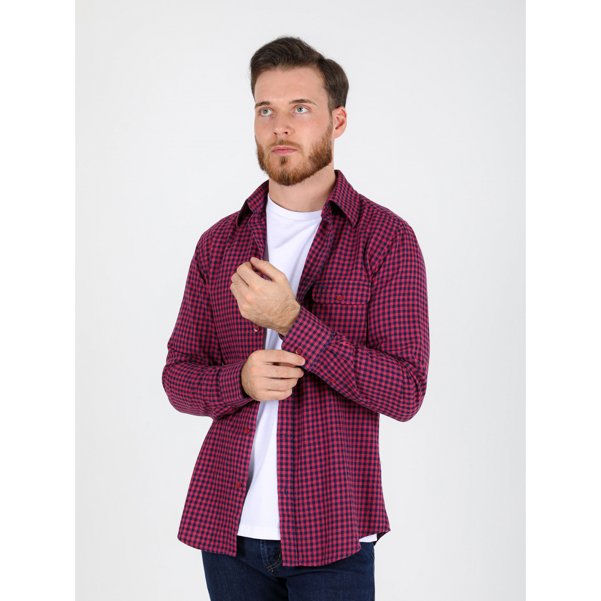 Camisa de algodão com estampa xadrez Gingham (Azure Terroso) - Homens